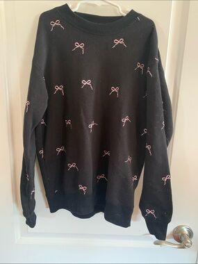 Girls Do Too Black Crewneck Sweater with Pink Bow Embroidery